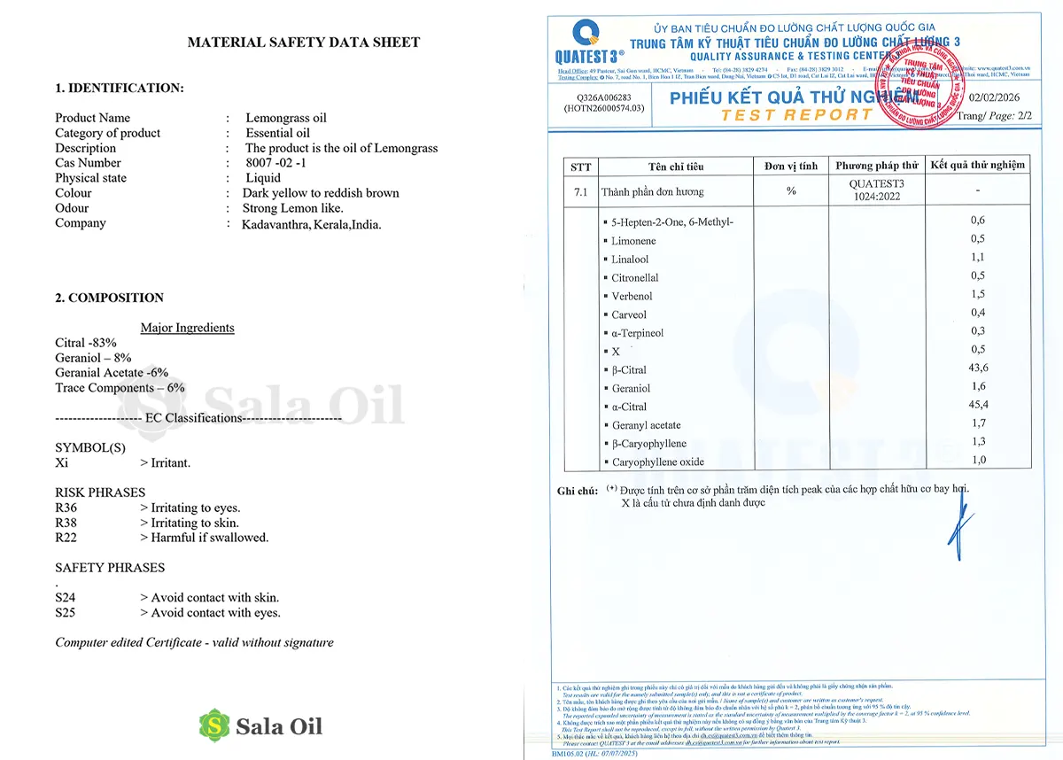 Tinh dầu sả chanh giá sỉ nhập khẩu Ấn Độ Thành phần tinh dầu sả chanh Sala Oil