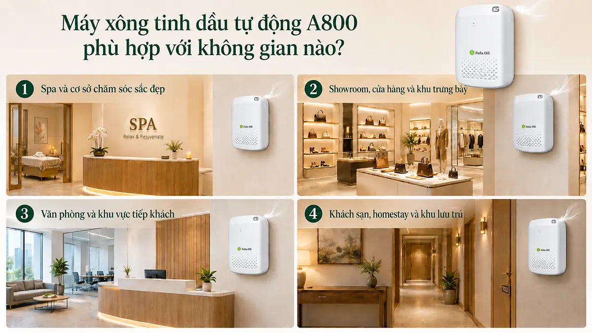 Máy xông tinh dầu tự động A 800 cho diện tích 50-300m² Máy công tinh dầu tự động dùng cho những không gian nào