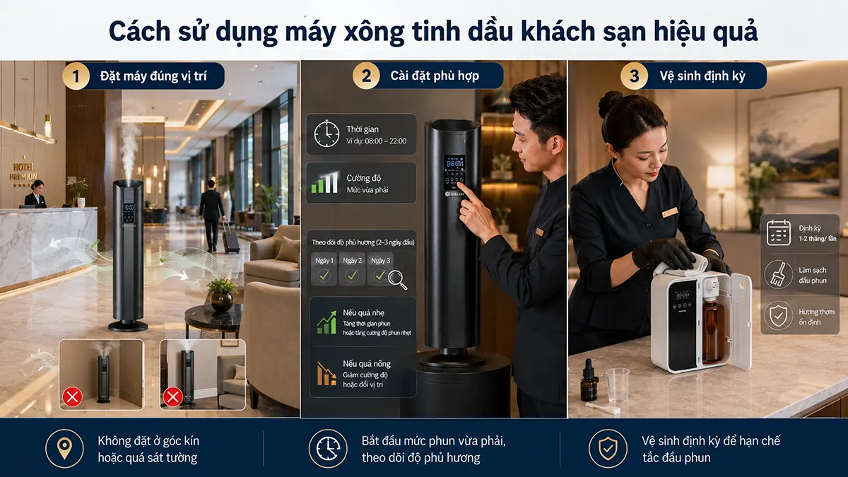 Máy xông tinh dầu khách sạn công suất lớn, vận hành êm ái và bền bỉ cách sử dụng máy xông tinh dầu khách sạn