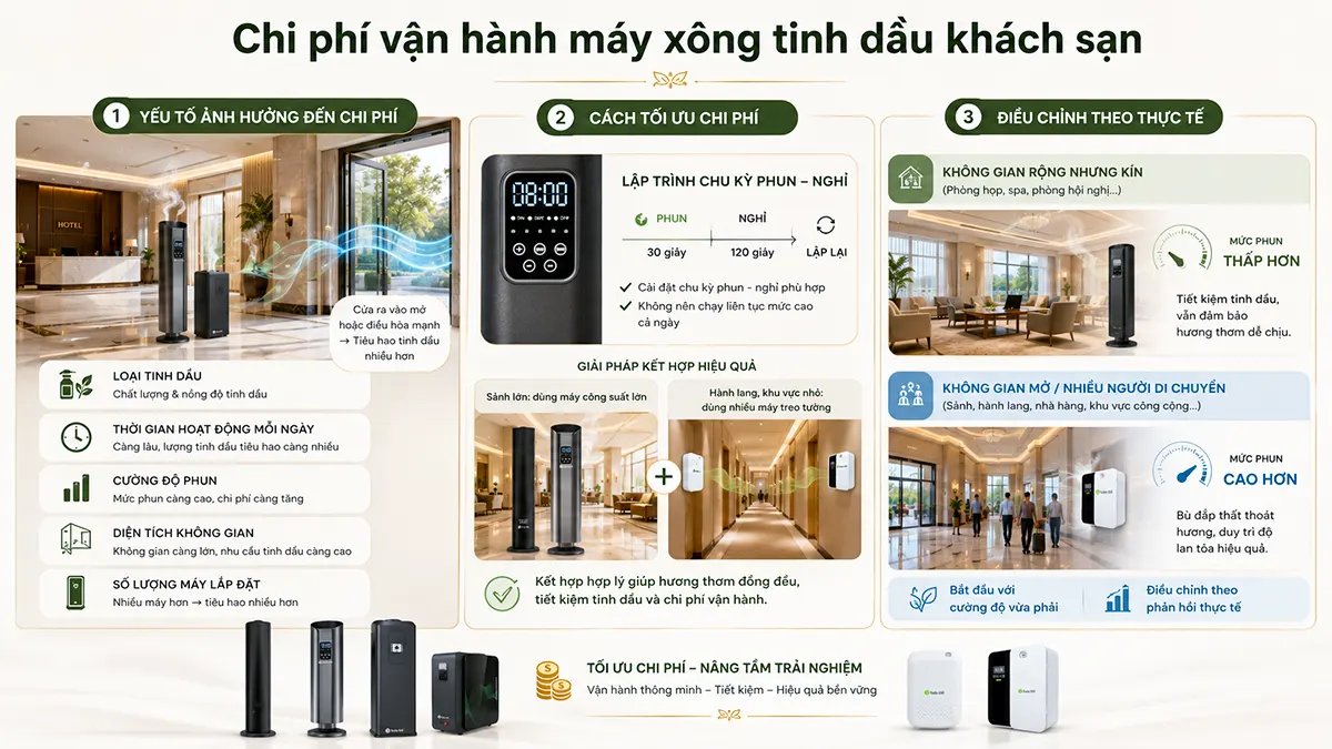 Máy xông tinh dầu khách sạn công suất lớn, vận hành êm ái và bền bỉ Chi phí vận hành máy xông tinh dầu cho khách sạn