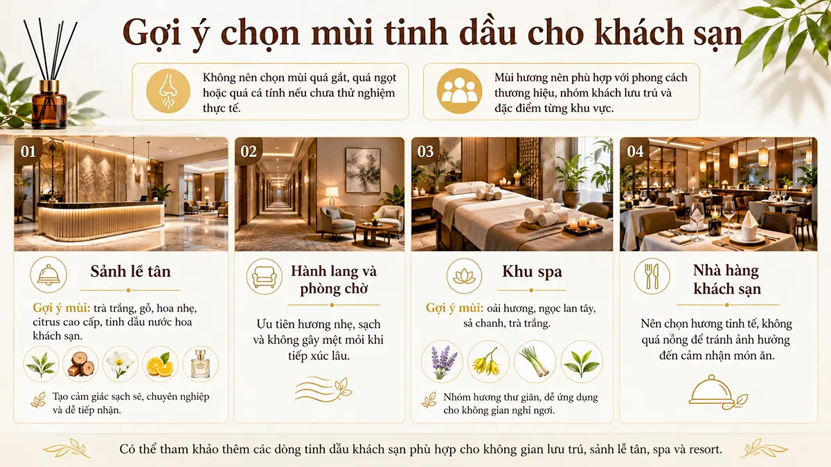 Máy xông tinh dầu khách sạn công suất lớn, vận hành êm ái và bền bỉ Chọn mùi hương cho khách sạn