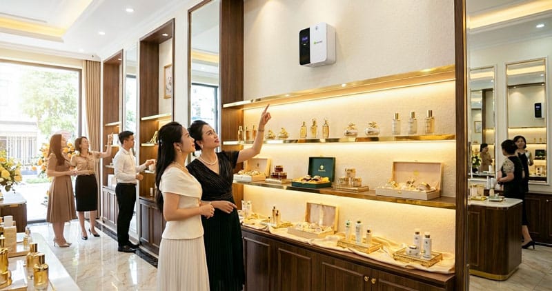 máy xông tinh dầu treo tường lắp đặt trong showroom