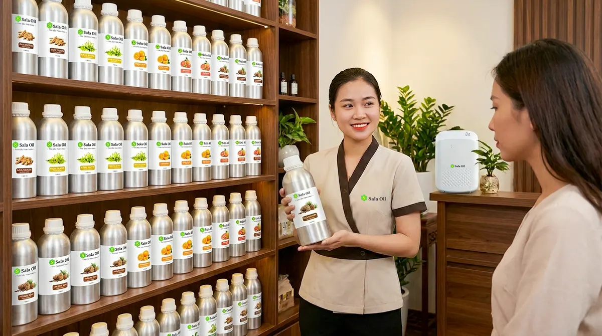 Nhân viên Sala Oil tư vấn và báo giá mua tinh dầu số lượng lớn cho khách hàng