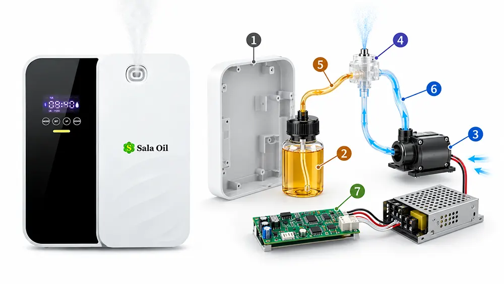 Cấu tạo máy khuếch tán tinh dầu và nguyên lý hoạt động Các bộ phận máy khuếch tán tinh dầu Sala Oil