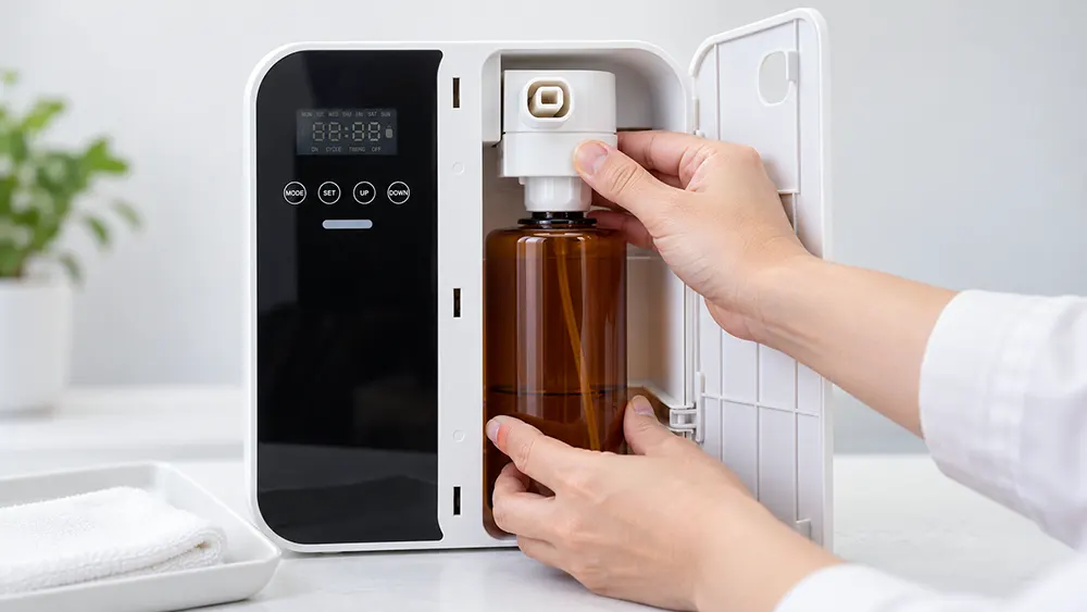 Cách vệ sinh máy xông tinh dầu công nghiệp và đầu phun Lắp lại bình chứa tinh dầu vào máy